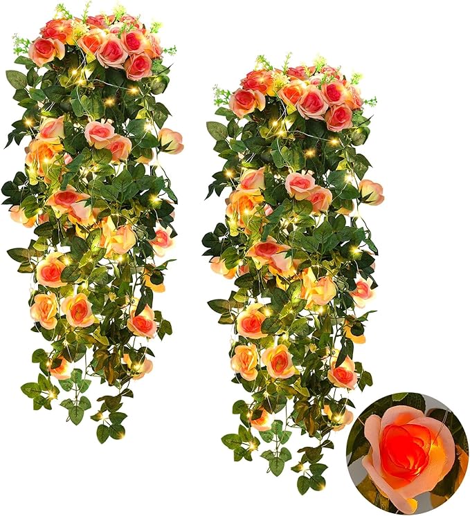 RECUTMS 4pcs Hanging Rose Flower Artificial Plants 32-in Fake Ivy Vine with 30 LED Fairy String Lights Outdoor UV Resistant Plastic Roses for Home Room Wedding Decor (Champagne)
