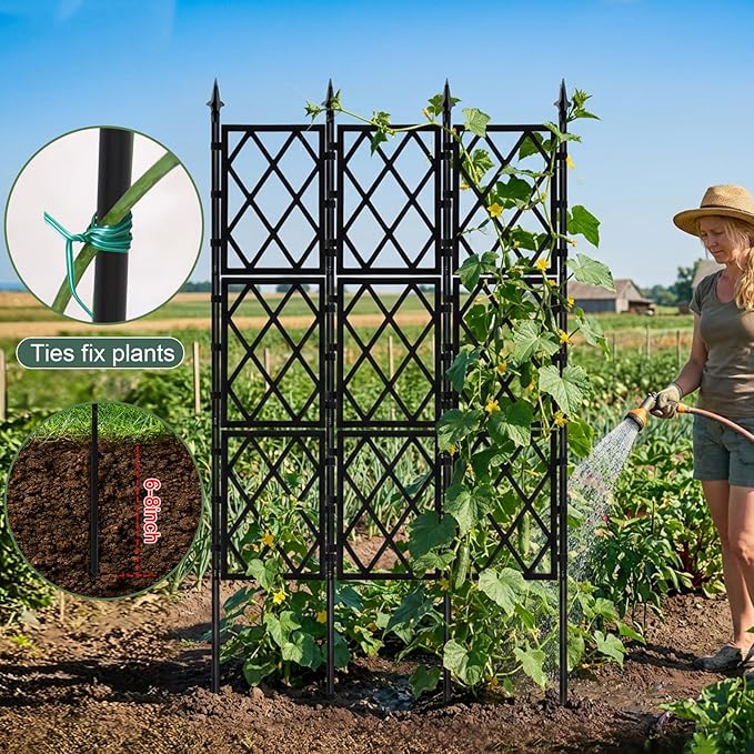 5.25FT Garden Trellis Support Fence,Metal Wall Lattice Climbing Frame for Climbing Plants Outdoor, Black Iron Pipe Fence for Potted Plants Indoor for Ivy Vines Vegetable Flower, Patio, Lawn, Yard