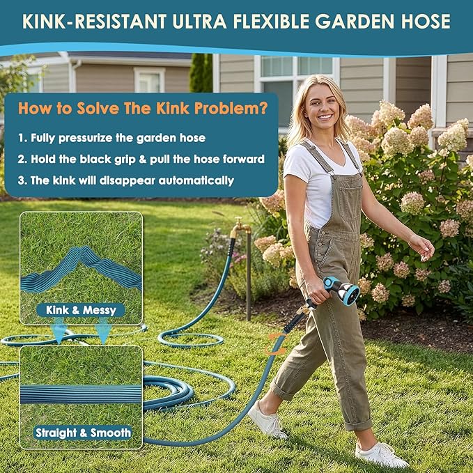 NON-EXPANDABLE Garden Hose 100 ft, Ultra Lightweight Flexible Water Hose with 10-Pattern Nozzle & Shut-Off Valve, Holder, Leakproof & Kink-Resistant Reinforced Fittings for Yard Outdoor