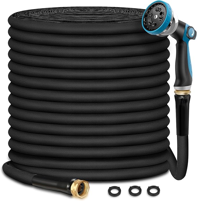 Relxitl Garden Hose 100ft, Flexible Water Hose with 10 Function Hose Nozzle, Lightweight, Tangle Free, Rust Proof for Yard, Watering(Black)