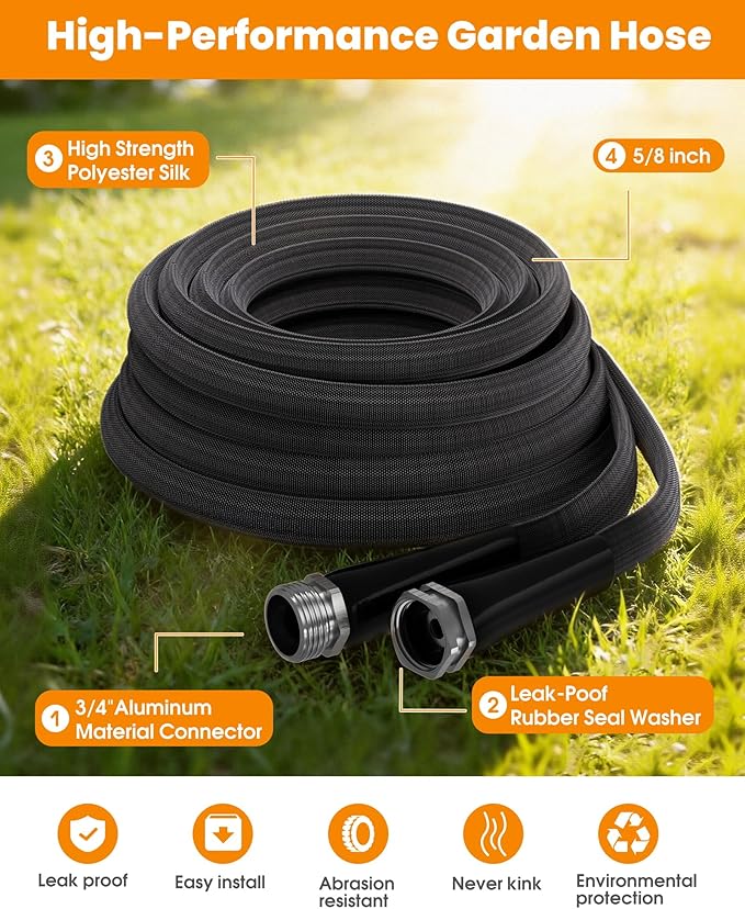 50 FT Garden Hose, Non-Expanding Water Hose, Ultra Flexible, Burst-Resistant, Kink-Free, High-Pressure Garden Hose for Easy All-Weather Use on Lawns, Gardens, and Outdoor Cleaning