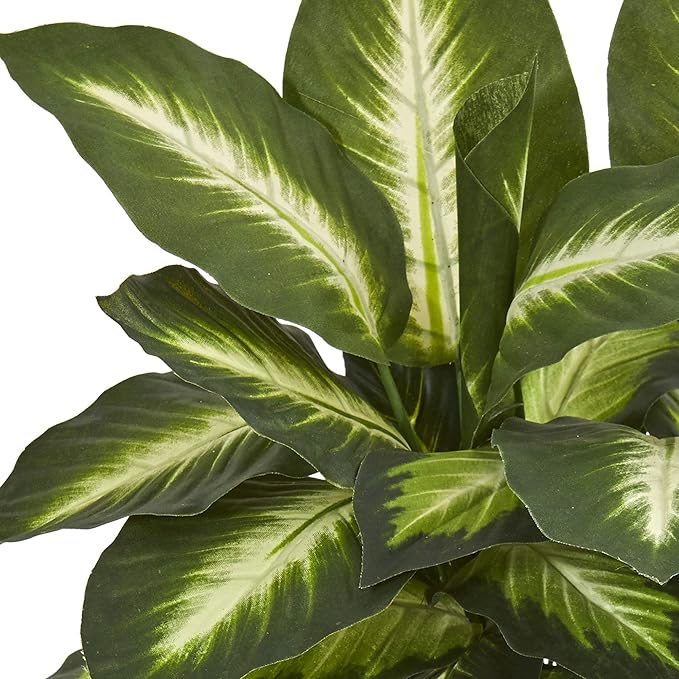 Nearly Natural Artificial Dieffenbachia Plant Faux Greenery in Ceramic Planter for Indoor Home Decor