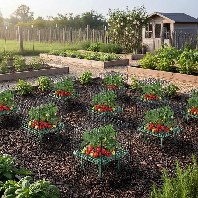 8 Set Strawberry Supports with Wire Plant Protectors from Animal 2 x 12 Inch Metal Garden Protection Cage for Strawberries Vegetables Shrubs Rabbit Proof Cage Set for Outdoor Garden