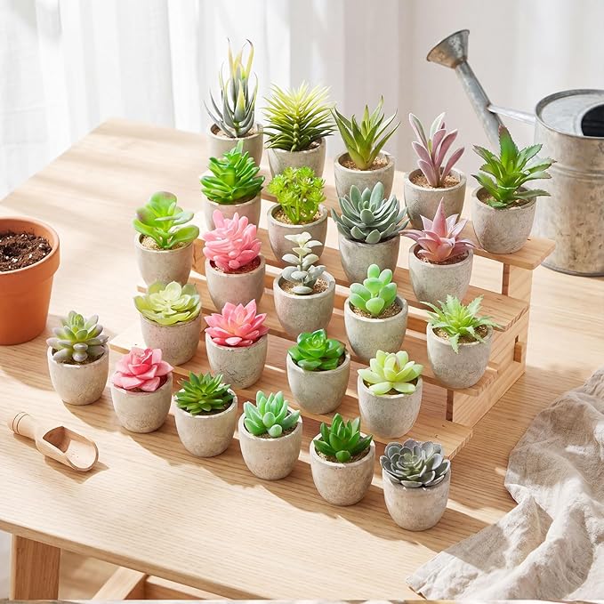 24 Pack Assorted Artificial Succulents in Retro Pulp Pots Bulk Fake Succulent Plants with Vintage Stone-Like Paper Pulp Pots Variety Set for Home, Office & Desk Decor (Various Style)