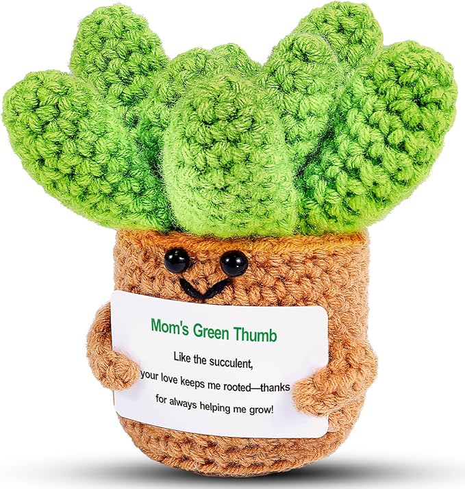 JELUTAR Gifts for Mom Crochet Positive Succulent, Mother's Day Birthday Gifts from Daughter Son for Mom Friends Wife Cute Funny Plant Decors (Mom's Green Thump)