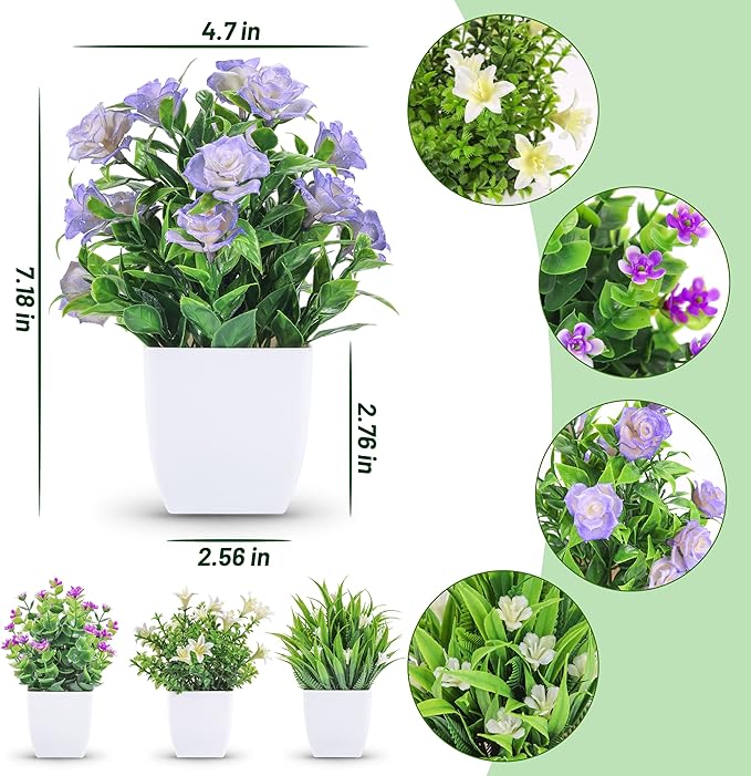 Der Rose 4 Pack Small Fake Plants Mini Artificial Faux Plants Indoor with Flowers Spring Decorations for Home Room Farmhouse Desk House Bathroom Decor