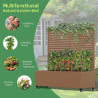 Casaphoria Metal Raised Garden Bed with Trellis and Wheels, 47"x47"x16" Planter Box for Climbing Plants, Vegetables & Vines, Features Drainage Holes and Privacy Screen (Brown-Louvered)