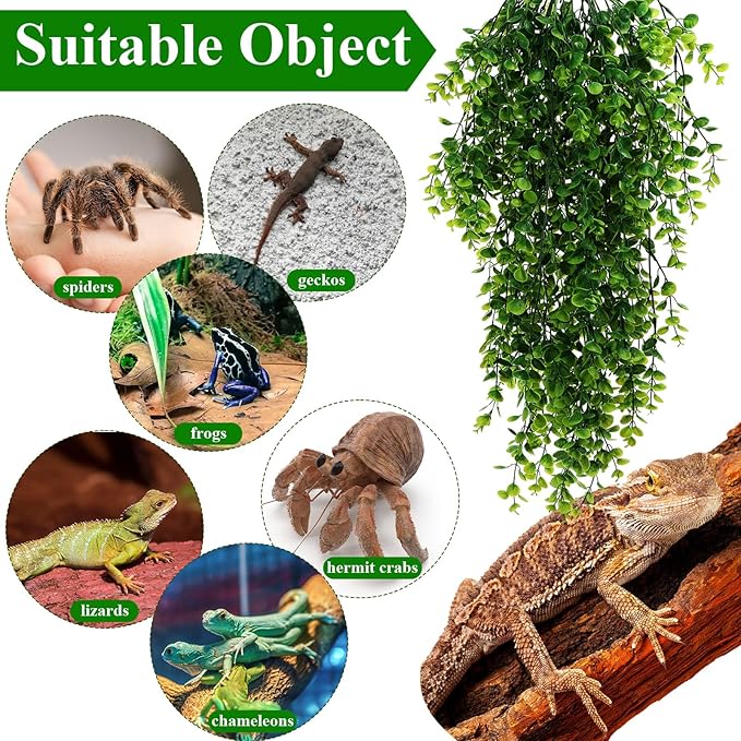 Suncalla Reptile Plants Terrarium Hanging Plants Vines Boston Climbing Terrarium Plant with Suction Cup for Bearded Dragons Lizards Crested Gecko Snake Crab Tank(Classic Series,Light Dark Green)