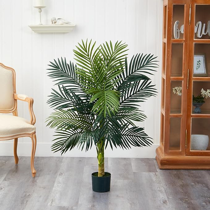 Nearly Natural 4ft Golden Cane Palm, Double Stalk Artificial Tree With Lush Realistic Foliage Maintenance Free Indoor Faux Palm Plant For Living Room, Easy Setup, Perfect Tropical Decoration