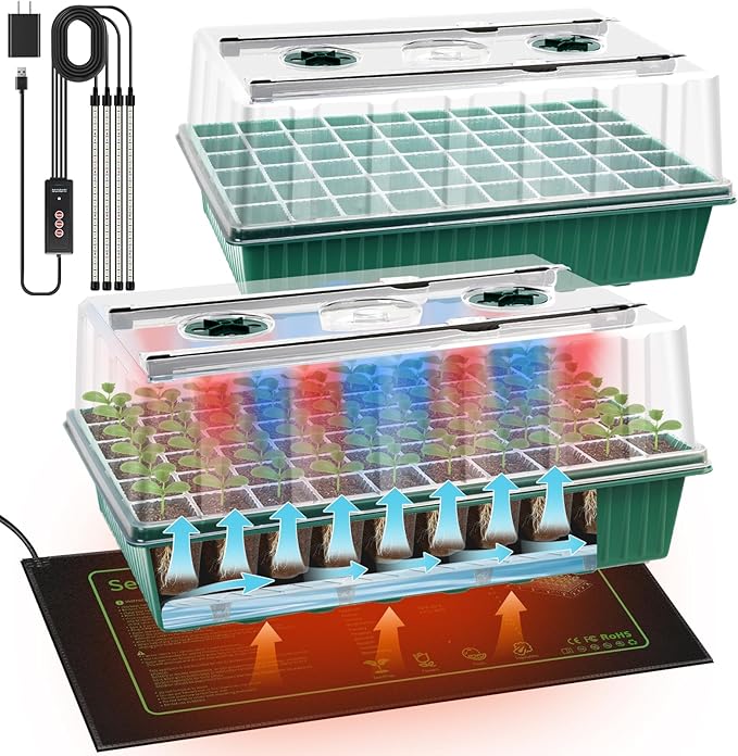 2 Set 120-Cell Seed Starter Kit with Seedling Heat Mat, Self-Watering Seed Starter Tray with Adjustable Brightness Timed Grow Light Humidity Domes, Indoor Seedling Starter Tray Plant Germination Kit