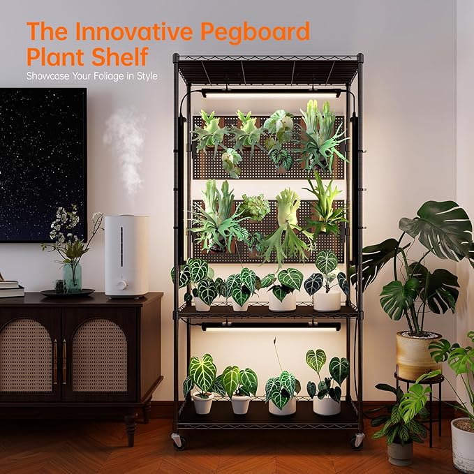 Bstrip Plant Cabinet with Pegboard, 3 Tier Plant Shelf with Grow Light, Metal Plant Stand with 4 Pack 96W Grow Lights for Indoor Plant, Foliage Plants, Seed Starting, 29.5"x13.8"x59"