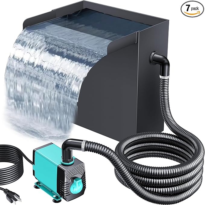 POPOSOAP Pond Waterfall Spillway with Pump Kit, 13.4" H x 12" W Stainless Steel Pond Waterfall Box with Pond Pump, Filtration, 10FT Corrugated Tubing for Outdoor Garden Pond Spillway
