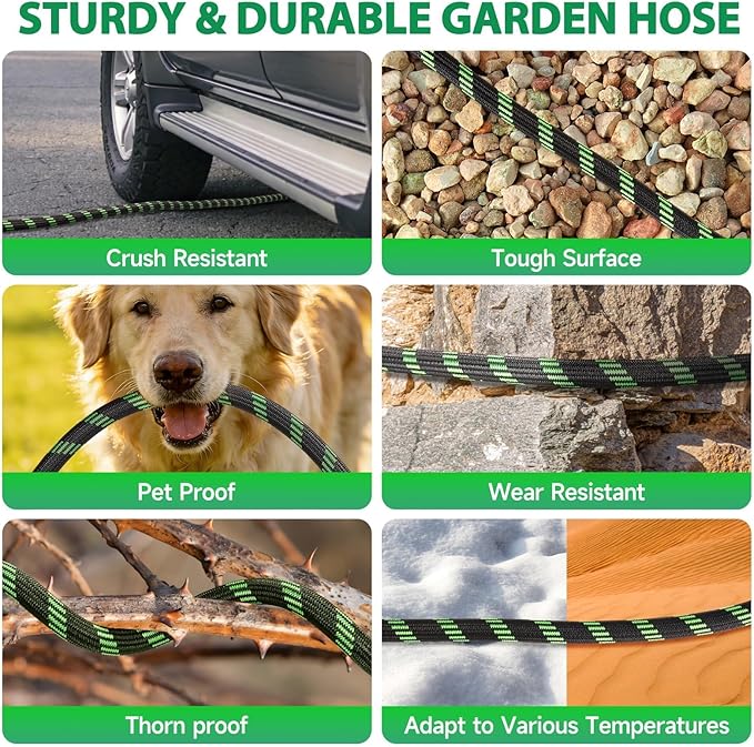 Garden Hose 100 ft Water Hose Flexible Non-Expandable Outdoor Heavy Duty Lightweight Leakproof Kink-free flex Watering Hose Pipe with Nozzle for 3/4 inch Fitting Yard Lawn Outside Car Wash