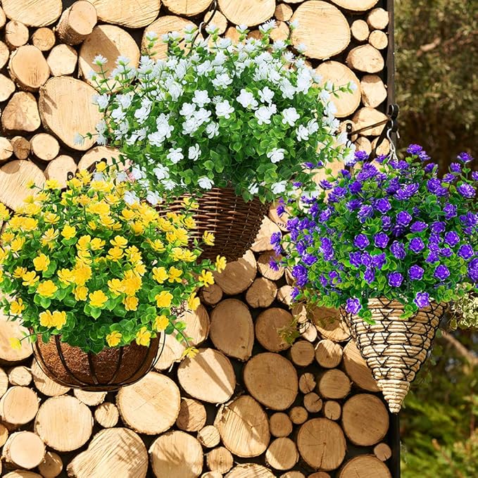 12 Bundles Outdoor Artificial Flowers UV Resistant Fake Boxwood Plants, Faux Greenery for Indoor Outside Hanging Plants Garden Porch Window Box Home Wedding Farmhouse Décor (White)