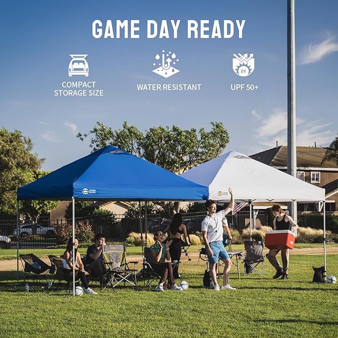 CROWN SHADES 10x10 Pop Up Canopy - Beach Tent with One Push Setup - Easy Outdoor Sun Shade for Events, Parties, Camping - Gazebo with STO-N-Go Cover Bag, Silver Coated Top, Blue