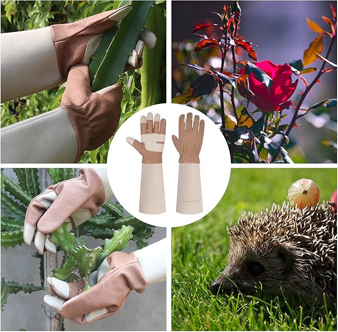 HANDLANDY Long Gardening Gloves for Men & Women, Thorn Proof Rose Pruning Gloves Leather Gauntlets Garden Glove Yard Work Glove (Warm Brown, Medium)