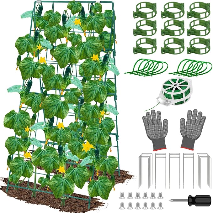 ROADPLUM Cucumber Trellis for Raised Garden Bed, Outdoor Sturdy Metal A-Frame Cucumber Trellis Support for Climbing Plants Vegetables and Fruits with Accessories, Easy installation and Easy Harvesting