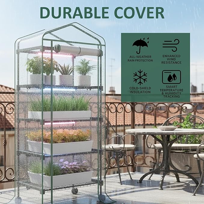 Mini Indoor Greenhouse with Grow Light - Portable Outdoor for Plants Green House Cabinet with Wheels, Tent Cover, 4 LED Lights with Dimmable 3 Color 36W, 4 Tier Gardening Shelves