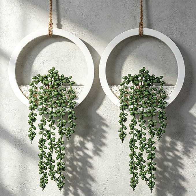Boho Wall Decor, 2Pcs Fake Hanging Plants Artificial Succulents, Indoor Hanging Planter Greenery Decor, Perfect for Bathroom Living Room Bedroom Office Washroom, Faux Succulent Wall Floating Plants