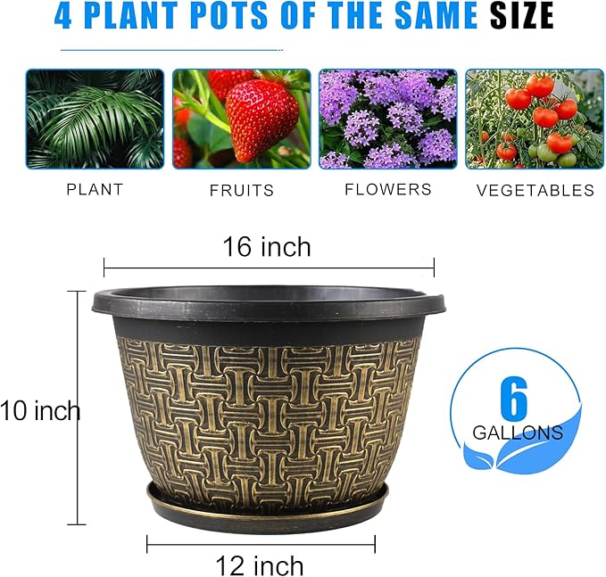 Nooulap 4 Pack 16 Inch Planter,Large Plastic Flower Pots Outdoor Indoor with Drainage Holes & Trays, Retro Antique Imitation Decorative Garden Plant Pots Outdoor for Houseplants