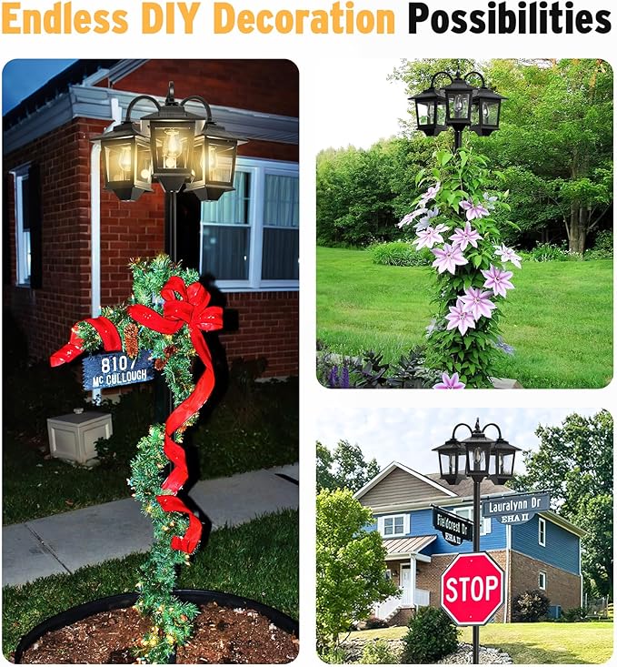 73" Aluminum Solar Lamp Post Light, 3-Head Solar Light Posts for Outside Waterproof, 90Lm Outdoor Lamps for Patio, Backyard, Front Porch Decor, Warm White, Replaceable Bulb