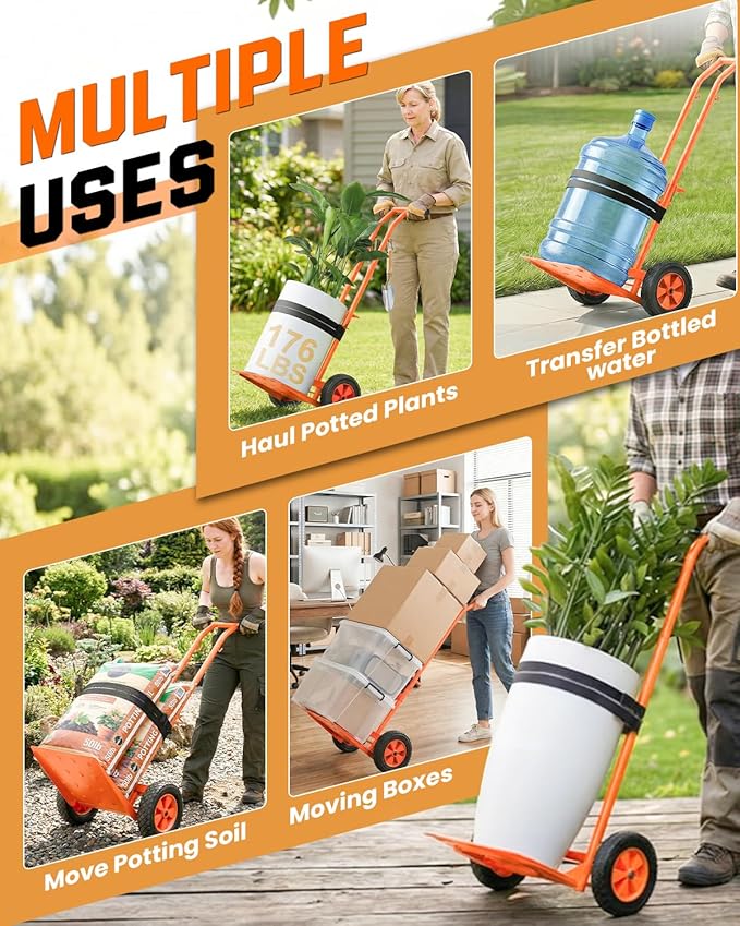 Plant Caddy with Wheels, USA Original Patent, Foldable Plant Dolly Cart with Adjustable Grabbing Arm and Strap, 176 Lbs Heavy Duty Plant Cart for Plant Pots, Indoor & Outdoor Use (Orange)