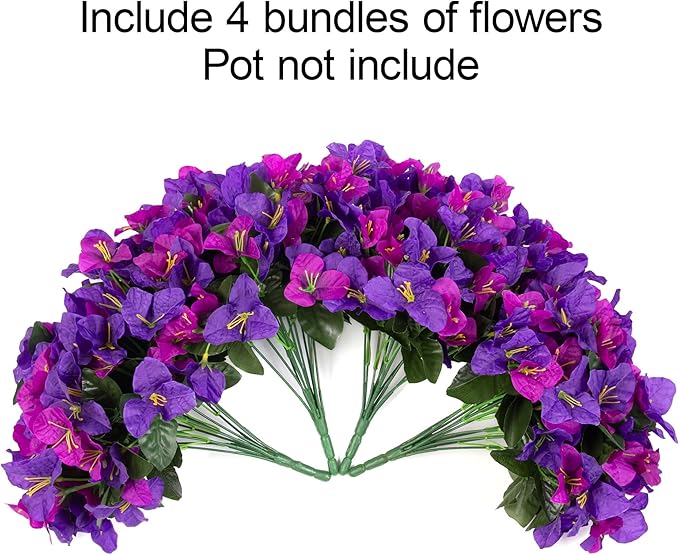 Artificial Flowers Plants for Outdoors Spring Summer Decor, 4 Bundles Fake Bougainvillea Silk Outside Flowers UV Resistant Look Real for Outdoor Planter Patio Porch Window Garden Home, PurpleFuchsia