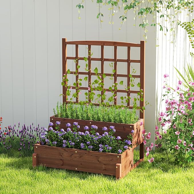 Giantex 2 Pcs Raised Garden Bed with Legs and Trellis, 2-Tier Standing Planter Box with Drain Holes, Outdoor Elevated Garden Trellis for Vine Climbing, Flower Vegetable Fruit Herb Growing
