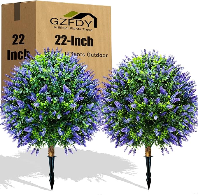 Artificial Lavender Topiary Ball Trees (2-Pack) - 30" UV Resistant Fake Plants with Ground Spike for Indoor & Outdoor Use, Front Porch, Garden Decor