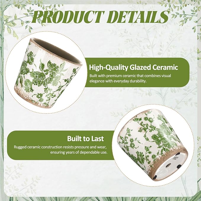 Beeveer Farmhouse Ceramic Planter 5.1 Inch Large Plants Pot Crack Beige Green Floral Vine Plant Pots with Drainage Hole Indoor Plants Kitchen Rustic Antique Decor Gift