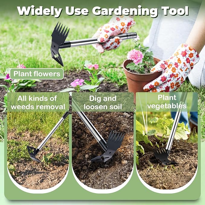 Weed Puller Tool with Long Handle, 60'' Weed Remover Weeding Tool, Heavy Duty 2 in 1 Manual Weed Rake and Garden Hoe, Gardening Weeder Tools for Yard, Lawn, Patio, Garden