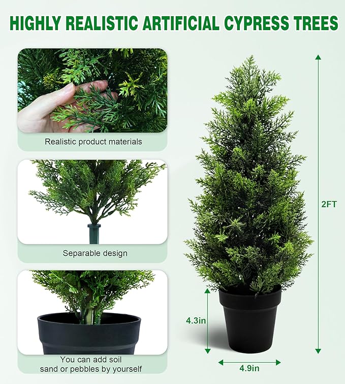 Two 2FT Artificial Cedar Trees, Beautiful and Realistic Fake Potted Trees,Artificial Evergreen Front Porch Decorations Plants, Suitable for Indoor, Office, Living Room and Room Decoration