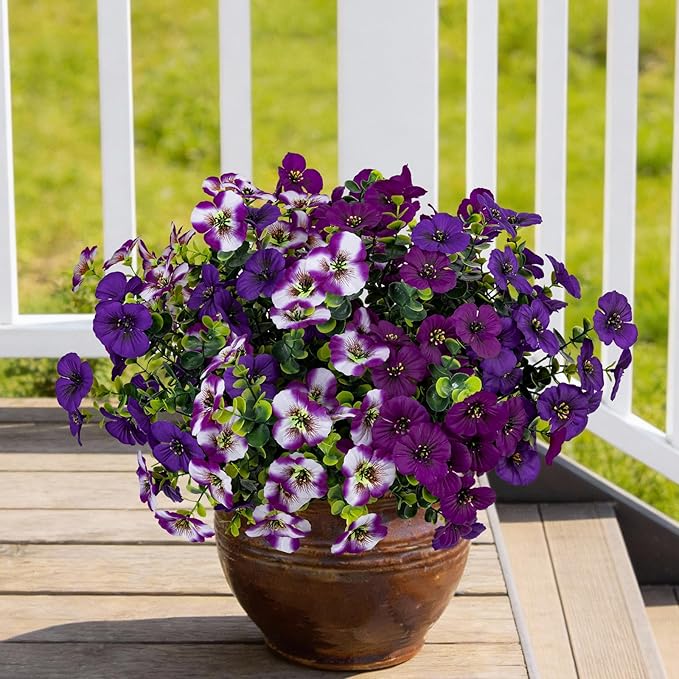 17 Inch Artificial Faux Pansy Flowers for Outdoor,Fake Pansies Flowers with Eucalyptus Leaves Fake Plants Greenery Boxwood Porch Patio Decor 6 Bundles(Dark Purple,Lotus Purple,Purple White)