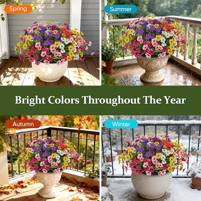 24 Bundles Lifelike Outdoor Artificial Flowers, UV Protected No Fade Fake Silk Plants for Spring Summer, Realistic Faux Flowers for Garden Porch Patio Decorations (6 Color Mix)