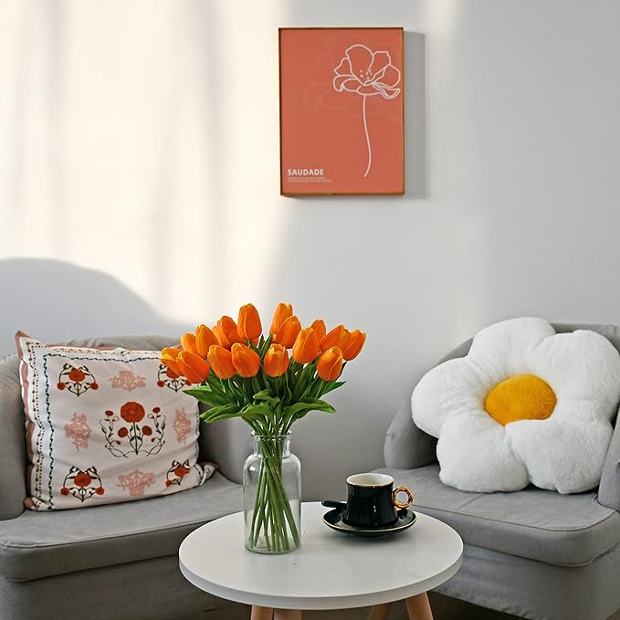 Mandy's Orange Artificial Tulips Flowers Centerpiece, 13.5" Lifelike PU Fake Floral Stems 20pcs for Kitchen Island & Dining Table, Spring Decor for Easter