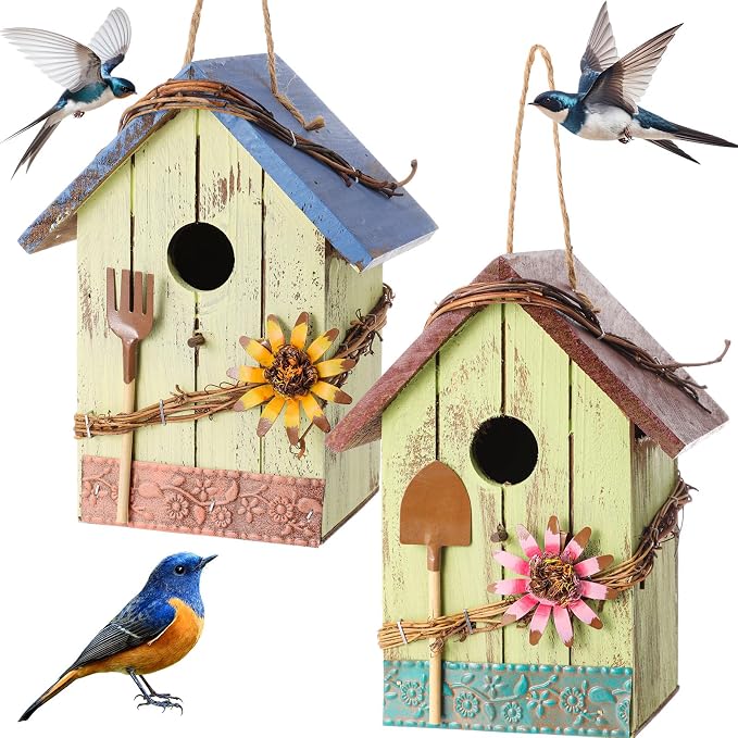 DoubleFill 2 Pcs Birdhouses for Outdoor Hanging Yard Outside Wooden Birdhouse Hand Painted Bird Box for Bird Lovers Bluebird Tree Garden Decor Decorative Birdhouse(Light Color,Wooden Roof)
