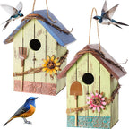 DoubleFill 2 Pcs Birdhouses for Outdoor Hanging Yard Outside Wooden Birdhouse Hand Painted Bird Box for Bird Lovers Bluebird Tree Garden Decor Decorative Birdhouse(Light Color,Wooden Roof)