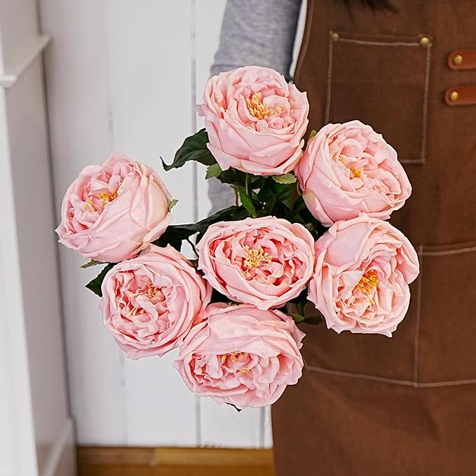 Jahe 6Pcs Fake Austin Flowers David Austin Roses, 17'' Faux Peonies for Flower Arrangements, Home Decor Peony Artificial Flowers, Living Room Decoration Vivid Roses Peonies, Pink