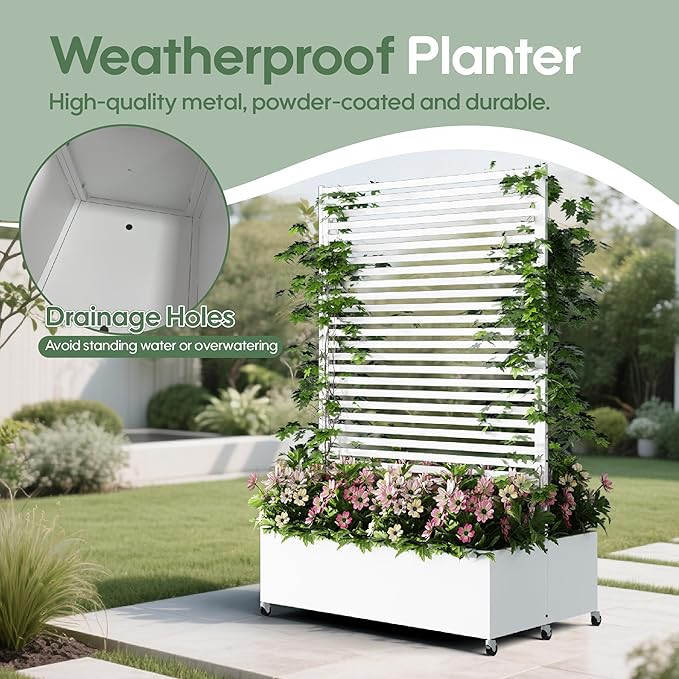 Double Metal Planter Box with Trellis Privacy Screen, Raised Garden Bed with Trellis & Wheels, Planter Box Outdoor with Drainage Holes for Climbing Plants, Vines,73"x 47"x 30", White