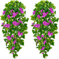 BLEUM CADE Artificial Hanging Flowers for Outdoors, 2pcs Fake Hanging Plants Pothos Vines with Purple Flowers for Wall Home Living Room Indoor Outdoor Decor (No Baskets)