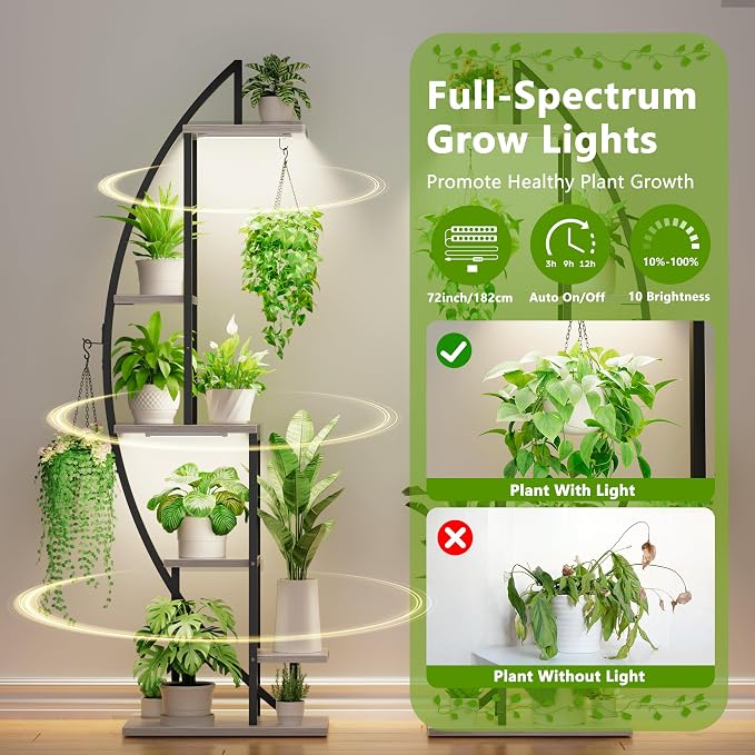 BACEKOLL Plant Stand Indoor with Grow Lights, 6 Tiered Tall Plant Shelf, 63" Metal Plant Stand for Indoor Plants Multiple, Half-Moon Plant Rack Display Shelf, 2 Pcs Plant Holder for Living Room, Grey