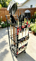 Garden Tool Organizer with Wheels Heavy Duty Yard Tool Organizer Rack with Side Storage Pockets Sturdy Metal Steel Holder with 6 Hooks for Garage, Yard, Patio, Shed