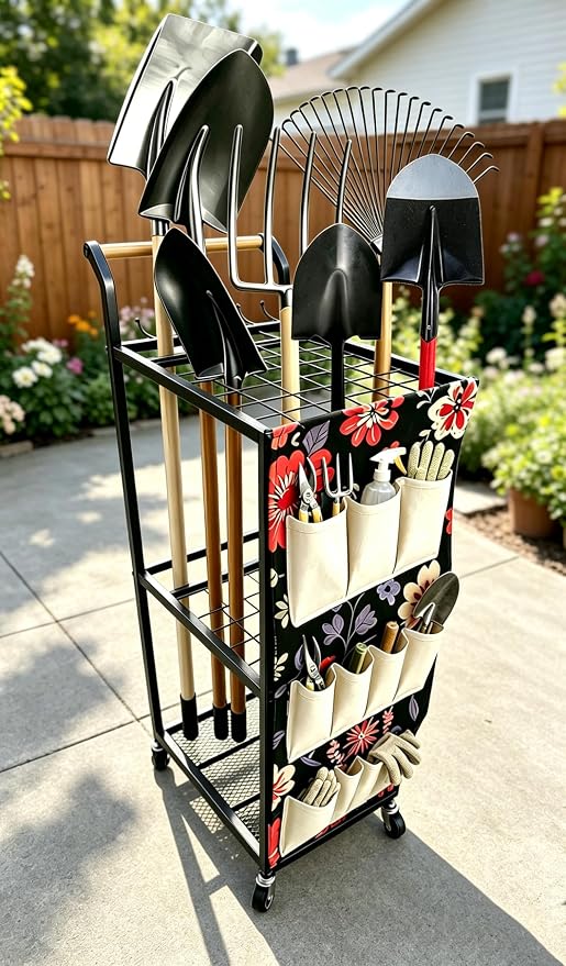 Garden Tool Organizer with Wheels Heavy Duty Yard Tool Organizer Rack with Side Storage Pockets Sturdy Metal Steel Holder with 6 Hooks for Garage, Yard, Patio, Shed