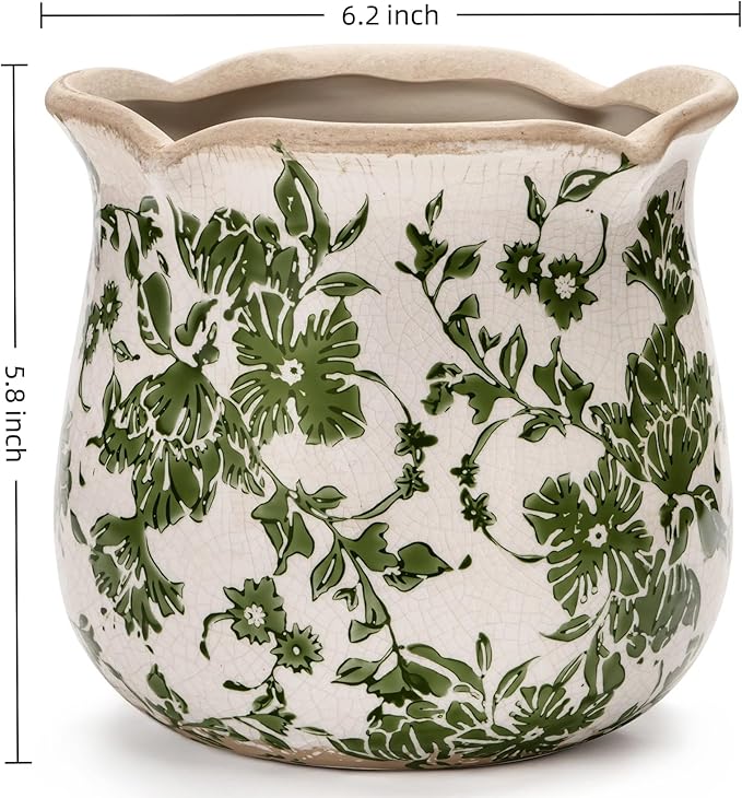 Vintage Ceramic Planter Pot with Drainage Holes, Green Floral Design, 6.11 Inch, Distressed Tuscan Style, Indoor Plant Pot and Vase (Green)