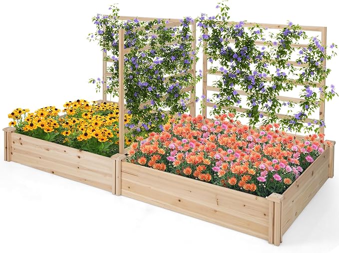 S AFSTAR Raised Garden Bed with 3 Trellis & 2 Planter Boxes, Outdoor Wooden 88" L x 45" W x 43" H Planter Box Kit for Flower Herb Vegetable Fruit Climbing Vines, Gardening Planter for Garden Patio
