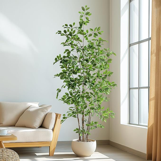 Bailikang Artificial Ficus Tree Indoor 7ft, Large Potted Faux Tree with Realistic Silk Leaves & Trunk for Home Office, Living Room Corner Decor