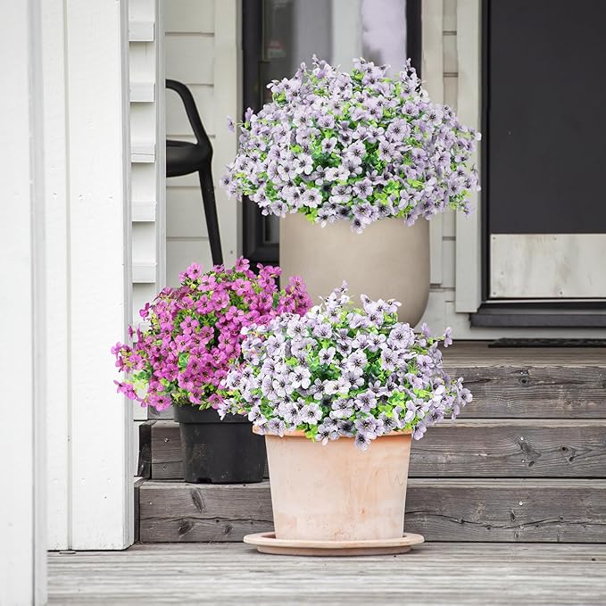 ATTGREAT Artificial Flowers Outdoor Faux Plants UV Resistant Fake Patio Flowers Plastic Greenery Plnats Outside Bulk for Spring Garden Hanging Planter Home Vase Decor, 24 Bundles (White)