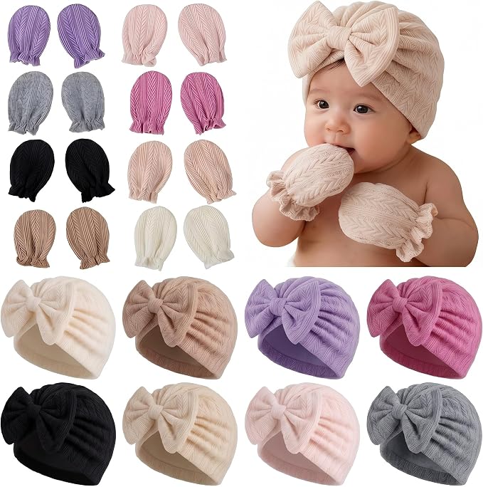 8 Sets Newborn Baby Girl Hats & Mittens, Cotton Preemie Hospital Bow Cap, No Scratch Gloves,Infant Beanies 0-3 Months