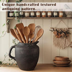Potchen Rustic Kitchen Utensil Holder with Handle,7.48" H Ceramic Vintage Utensil Crock for Countertop, Farmhouse Kitchen Decoration Ceramic Pot for Spatulas Spoons Tongs(Novelty,Antique Black Gold)