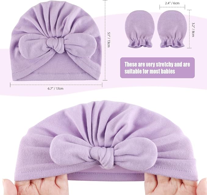 BQUBO Baby Turban Hats and Mittens Set Newborn Infant Hospital Hats Caps with Bows for Baby Boys Girls 0-12 Months